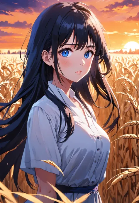 (SFW), (Clean, (Masterpiece), best quality, professional, highly detailed, HDR,UHD,16K), 1young_woman, solo, mature and sexy, perfect body, huge breasts, long black hair, straight hair, bangs, expressive eyes, (dark blue eyes:1.5), perfect face, (White Blo...