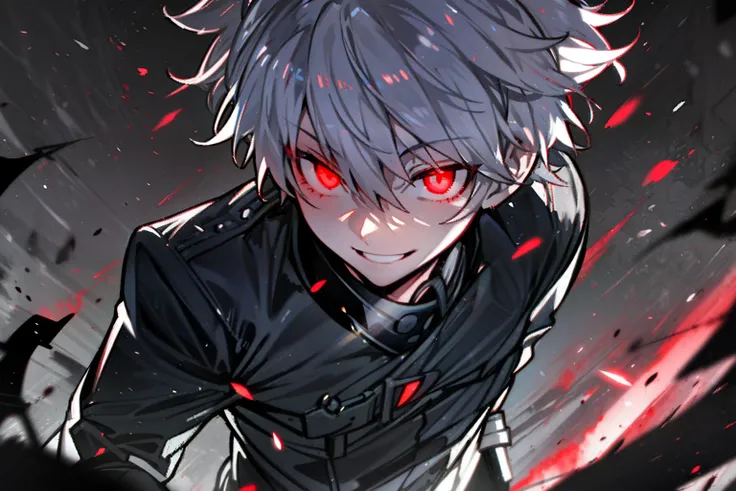 (Holding a knife),hight resolution,Anime boy with white hair and red eyes, Glowing red eyes,slim, dressed in a black outfit,Shadow Body,monochromes,hair messy,Aggressive smile,Diagonal angle