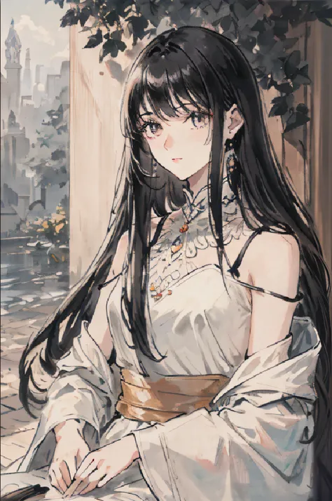 Anime girl with long black hair sitting on a bench in the city, Beautiful character painting, Guviz, a beautiful anime portrait, black-haired mage, Guweiz in Pixiv ArtStation, Guviz-style artwork, Palace ， A girl in Hanfu, highly detailed exquisite fanart,...