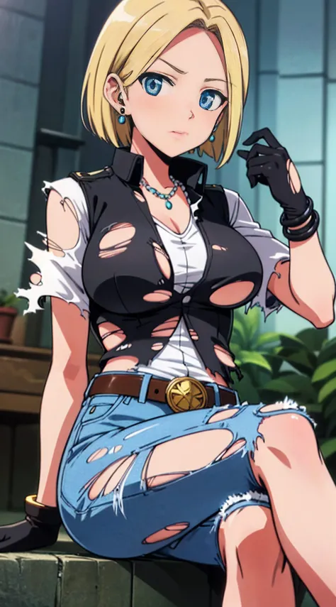 best quality, highres, and18, 1girl, android 18, solo, blonde hair, blue eyes, belt, jeans, pearl_necklace, bracelet, black gloves, white shirt, short hair, short sleeves, earrings, blue pants, open vest, black vest, large breasts, (ruins:1.3), (torn cloth...