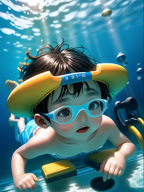 children with swimming goggles dive in the light blue pool，the water is crystal clear。