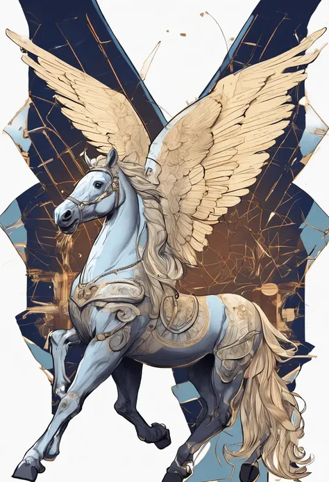 blueprint A majestic pegasus with wings spread flies gracefully through the sky. Items and gear listed on the side: - White winged horse - Flowing mane and tail - Saddle and reins