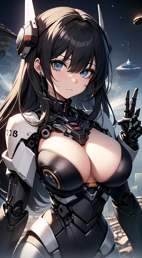 top-quality、Top image quality、​masterpiece、Mecha Girl((18year old、Black and gray mechanical parts、Robot joints,Black tights,Bust 100、A dark-haired、Staring at the viewer、Breasts wide open,Large valleys、、Blue Eye、Dye cheeks、fighting poses)）hiquality、depth of...