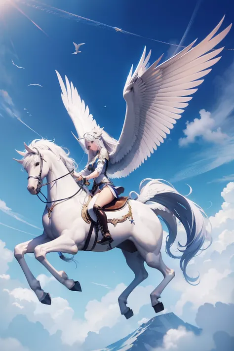 blueprint A majestic pegasus with wings spread flies gracefully through the sky.  

Items and gear listed on the side:
- White winged horse
- Flowing mane and tail
- Saddle and reins