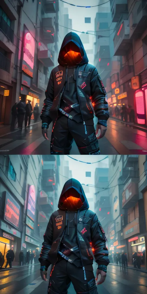 (obra-prima, foto de corpo inteiro, fotografia crua intrincada, com um estudou de computador, e luzes em led) Cyberpunk Citizen, Comfortable Oversize Black Hood, black cargo pants, roupas pretas, escuro, usando um capacete preto estilo hitech Astronauta, i...