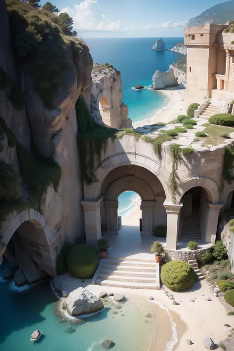 Greek rich villa，sheer cliffs，Facing the sea，Boulder arch，Gravel steps ，Model very good，Perfectcomposition，Best Picture Quality，Beautiful wedding photos，Delicate skin，Realiy。