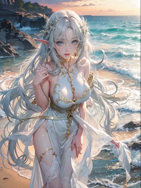 Mysterious sandy beach、the setting sun、Elven Girl、ears are pointed、Hair fluttering in the wind、Raking up your hair、Wet white dress、wetted skin、Colossal tits、sensual breasts、 Hi-Res、Shaded face、Blue eyes、Ash gray hair、Sunset from behind