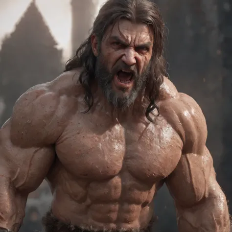 (professional 3d render:1.3) af (Realistic:1.3) most beautiful artwork photo in the world，Features soft and shiny male heroes, ((Epic hero fantasy muscle man rough wet hero angry look long hair short beard and ferocious expression in dynamic pose, Fantasti...