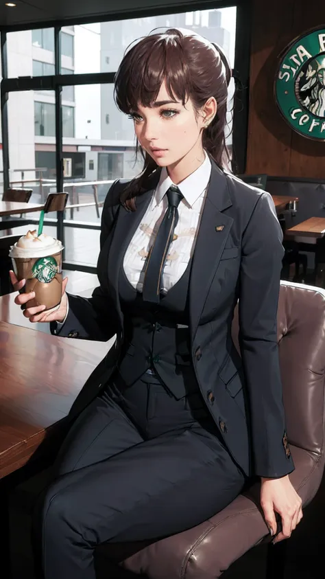 (((beautiful))), dolla, formal outfit, business suit, office working dress, huge breasts,(((shiny skin))), ((intricate details)), hdr, ((intricate details, hyperdetailed)), cinematic shot, (((sitting in cafe, enjoying starbucks))), vignette, art by alphons...