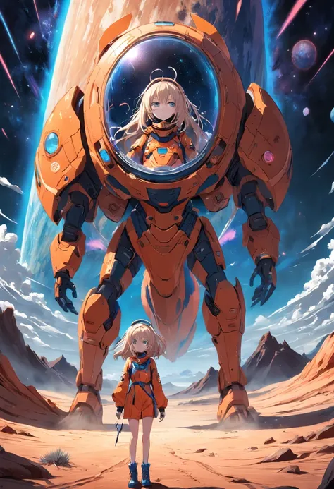 full body, mid shot, centered, concept art, 1girl, wearing astronaut suit, award-winning masterpiece, rendered in anime style with an oil painting effect. (The vibrant illustration captures horror in a cosmic atmosphere. The wide shot of the desert locatio...