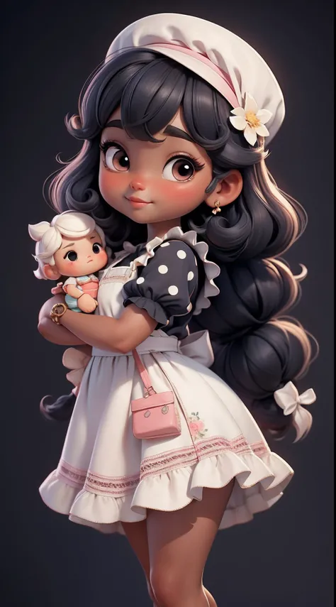 Create a series of cute black chibi afro skin baby style dolls with a cute peasant theme, each with lots of detail and in an 8K resolution. All dolls should follow the same solid background pattern and be complete in the image, mostrando o (corpo inteiro, ...