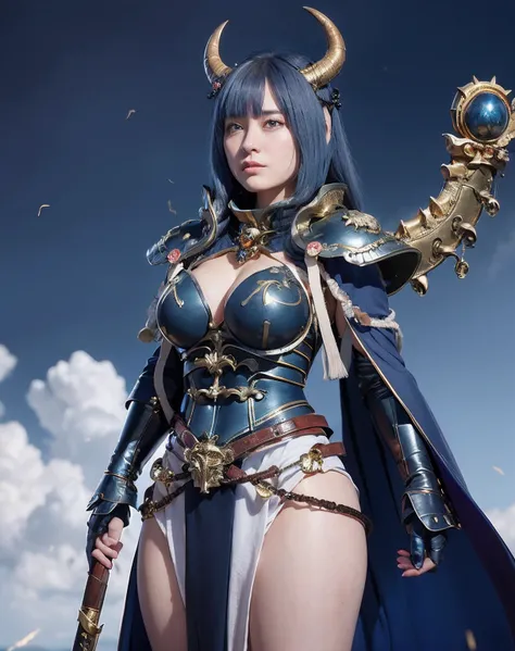 Professional , ​masterpiece、top-quality、photos realistic , depth of fields 、（Gemstone Blue Metal Body:1.９),(Matte blue with gold pattern、Wind-effect、（cleavage of the breast）、Dragon Gold Weapon（Dragon Metal Body:1.４),Gorgeous gold weapons ,（Particles of lig...