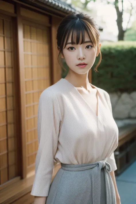 High quality、masutepiece、超A high resolution、(Photorealistic:1.4)、Kyoto Beauty、japanes、Japan Dress、skirt by the、(Thin eyebrows:0.2)、(thin lipss:0.8)、(small nose:0.8)、Appearance without makeup、walk、cowboy  shot、(the perfect body:1.2)、(small nipple:0.7)、Kyoto...