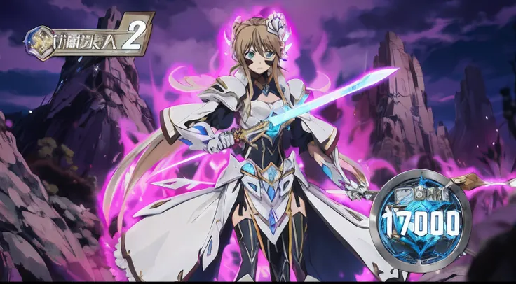 A woman in a white dress holding a sword and a purple light, Engranaje Aurora, knights of zodiac girl, con elegante armadura plateada, clothed in ethereal battle armor, Anime Cyborg, Chica Valquiria mecanizada, symphogear, tsubasa chronicles, female action...