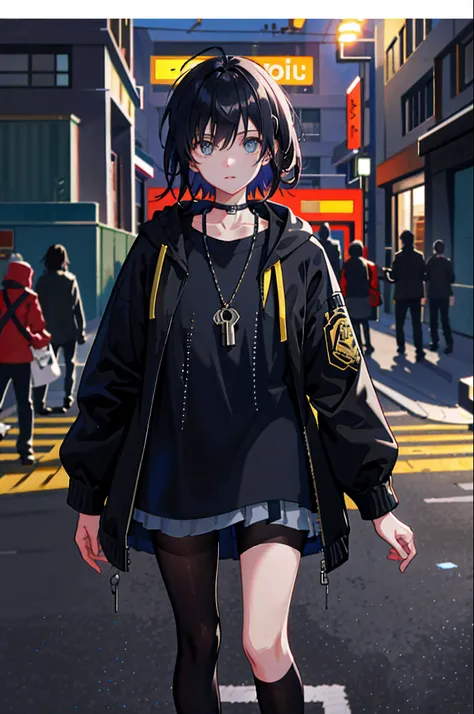 1girll，jaket，Sateen，nighttime scene，neonlight，hoody，Open jacket，chain，backpacks，Look at the other person，messy  hair，Trends on ArtStation，8K分辨率，The is very detailed，anatomically correcte，Sharp images，digitial painting，concept-art，Trends on pixiv，Estilo de ...