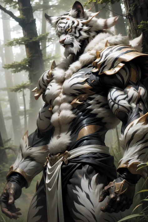 Beastman、White Tiger Man、Adult males、Slender Macho Body、the whole body is covered with hair、Forest and steppe landscape、