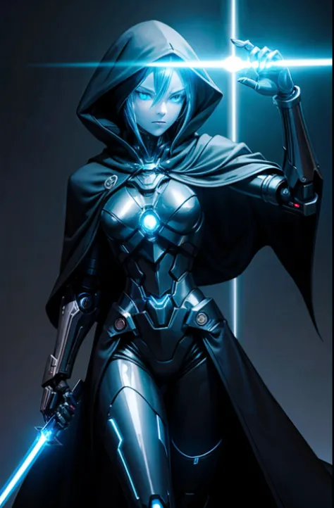 Dark_Fantasy、cyberpunked、(Woman in black cloak、Glowing blue:1.1)、Slender body、Robot Presence、Cybernetic Guardian、Lightsaber in hand、