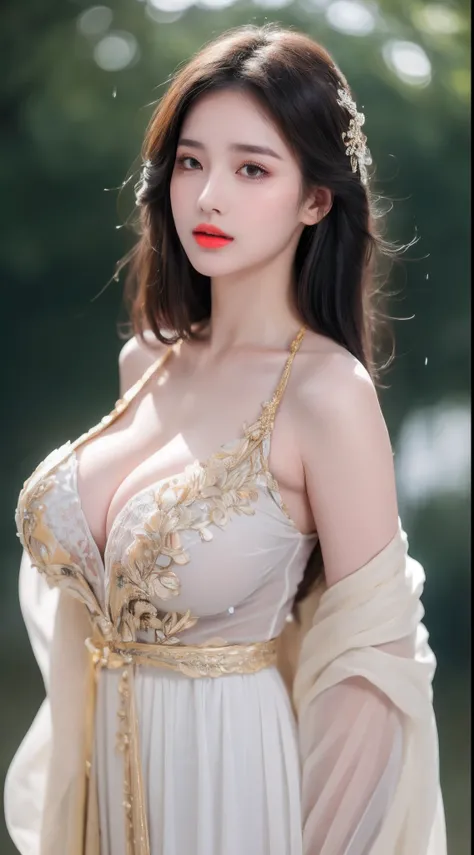 ((Best Quality, 8k, Masterpiece: 1.3)), Focus: 1.2, Perfect Body Beauty: 1.4, Buttocks: 1.2, ((Layered Haircut)), (Wet Clothes: 1.1), (Rain, Street:1.3), (Breasts: 1.2), (Hanfu: 1.2), Bare Shoulders, Bare Legs, Highly Detailed Face and Skin Texture, Fine E...