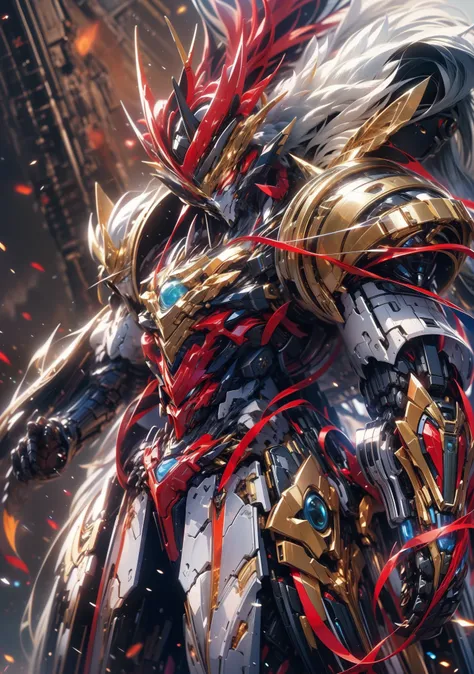 super wide shot, Full body frontal photo,Mecha male warrior，The heroic demeanor of the Three Kingdoms,《Mech color: Red and dark series》，（《Romance of the Three Kingdoms》，《Lü Bu》，Holding Fang Tians halberd in his hand，），（Full body mecha）, Keqing from Genshin...