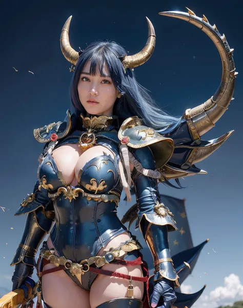 Professional , ​masterpiece、top-quality、photos realistic , depth of fields 、（Gemstone Blue Metal Body:1.９),(Matte blue with gold pattern、Wind-effect、（cleavage of the breast）、Dragon Gold Weapon（Dragon Metal Body:1.４),Gorgeous gold weapons ,（Particles of lig...