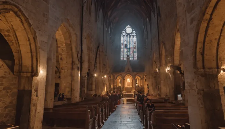 "Some people are walking in a straight line at nighttime inside an old church during a cloudy and rainy shower,back view