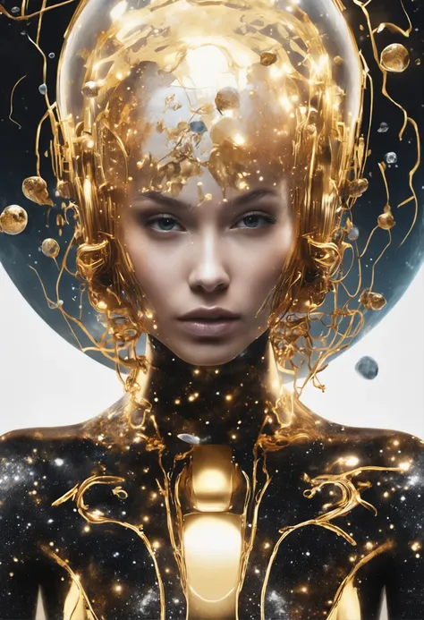 close-up of a young woman wearing a black dress and gold liquid, liquid gold with porpurine, shiny, pretty face, detailed eyes, soft lips, floating in outer space and planets in the background, fluid, wet, dripping, waxy, smooth, realistic , octane renderi...