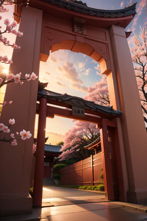 red gate under sakura blossom during sunset