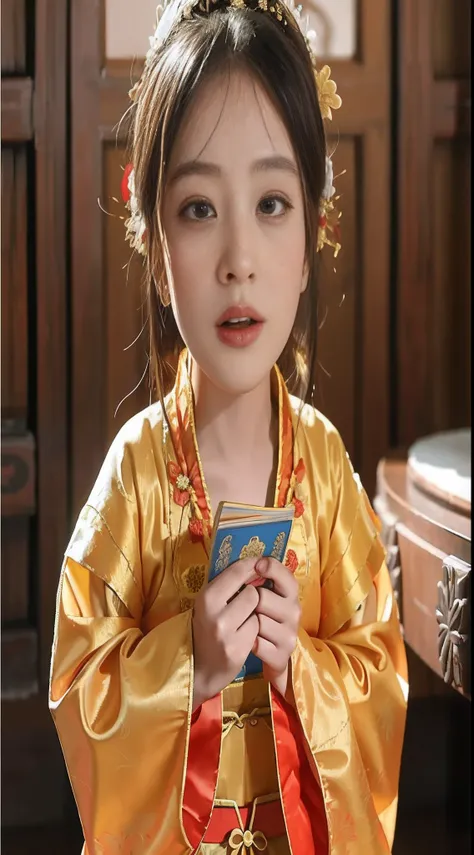 There was a young girl in a yellow and red dress holding a blue card, Palace ， A girl in Hanfu, China Princess, Chinese costume, Traditional Chinese clothing, Wearing ancient Chinese clothes, Chinese girl, Chinese traditional, Princesa chinesa antiga, with...