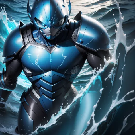 Blue power ranger, ocean detail armor, water, cinematic, hyper detailed, high quality, global light