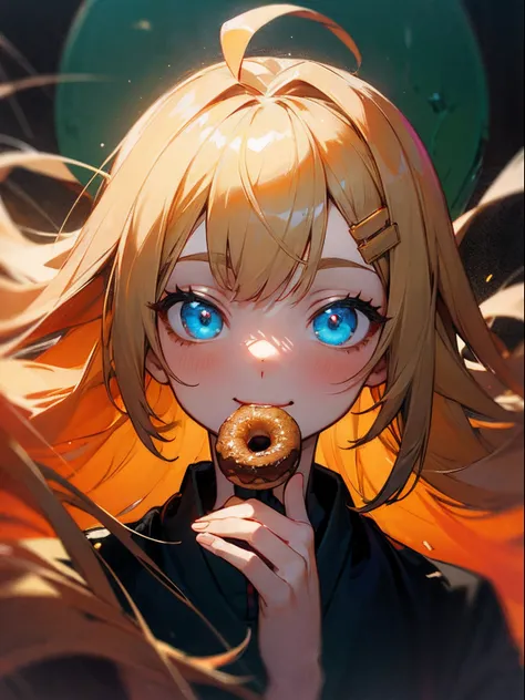 Single Portrait, a 20 yo woman, Smile, Impression, (Oil Painting), Green and orange tones, String Maki, hair pin, a blond, Long hair, (Glowing blue eyes)、Ahoge、Eating donuts