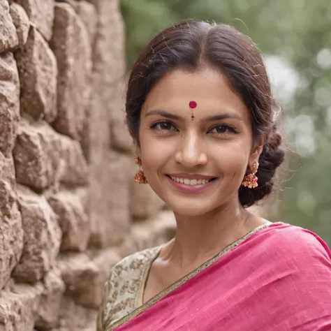 smiling woman in pink sari standing in front of a rock wall, 3 0 years woman, a mountain look like a women, she is facing the camera, low quality video, with a happy expression, she is about 7 0 years old, with a beautifull smile, 30 years old woman, 3 0 y...