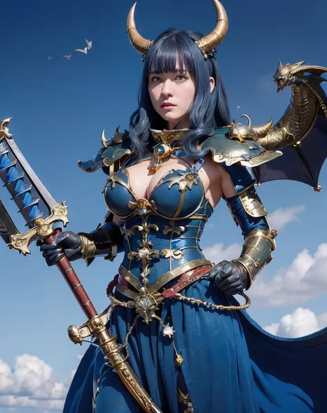 Professional , ​masterpiece、top-quality、photos realistic , depth of fields 、（Gemstone Blue Metal Body:1.９),(Matte blue with gold pattern、Wind-effect、（cleavage of the breast）、Dragon Gold Weapon（Dragon Metal Body:1.４),Gorgeous gold weapons ,（Particles of lig...