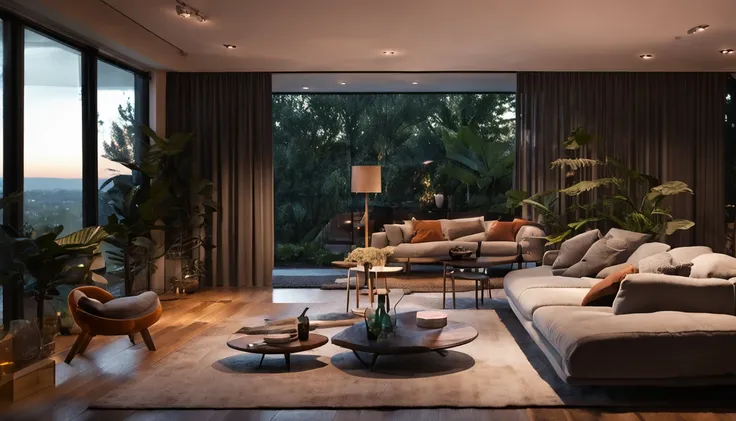 Modern mid-century living room dimly lit with dark, rainy night outside, (noite chuvosa e nebulosa: 1.2), Pacific Northwest, (strong illumination: 1.4), (dim lighting: 1.2), vegetation, grandes usinas, chuvosa, Monstera, Lots of vegetation, ( Blurry window...