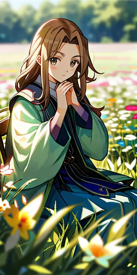 （tmasterpiece，best qualtiy），Chisley sits in a field of greenery and flowers，Place your hands under your chin，warmly lit，Blurred foreground