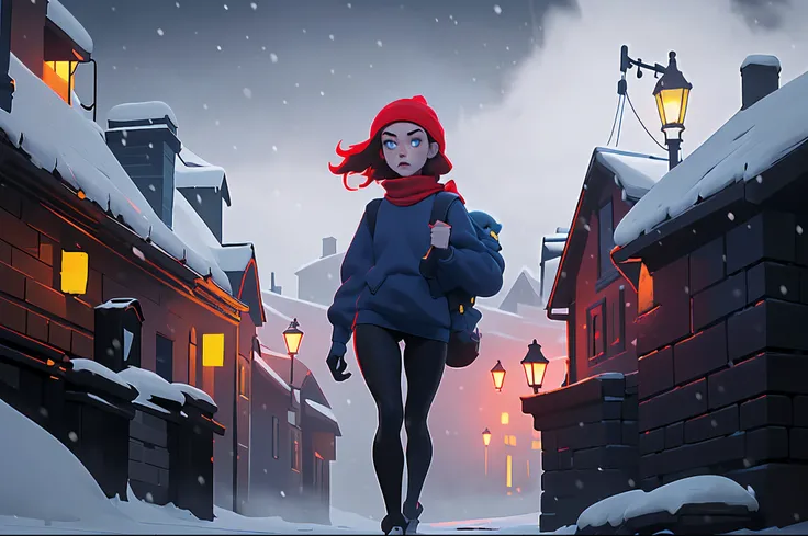 4k master piece, high detail, night time, dark, exterior of a red haired girl with blue eyes, wearing a dark blue sweater and beanie, with black tights and wearing a yellow backpack, walking through an empty snowy village at night, dark, scary, foggy and s...