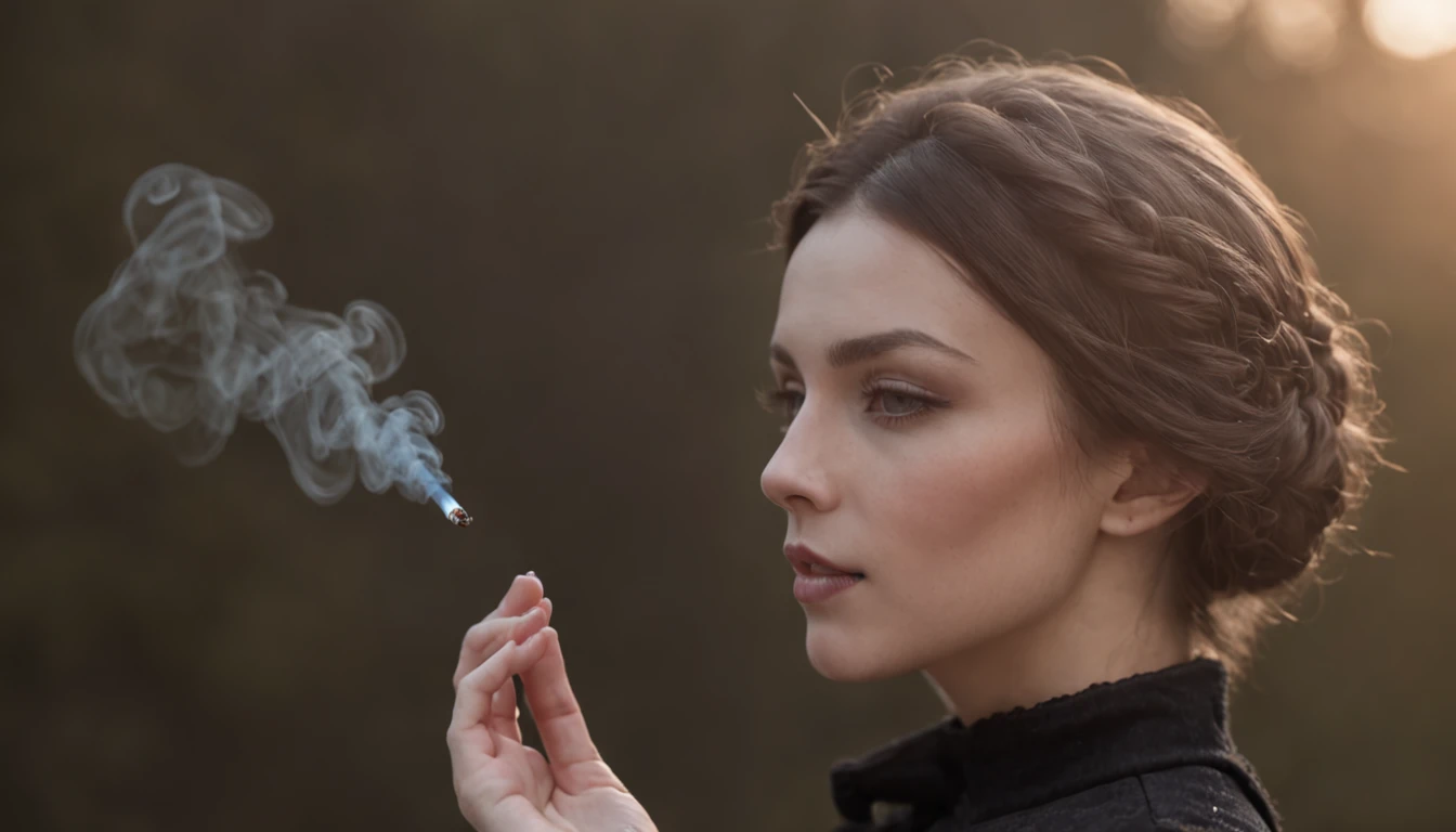 In one hand, a magic stick is held, touching the head of a woman,cinematic view ,side view,smoke cimate,night time