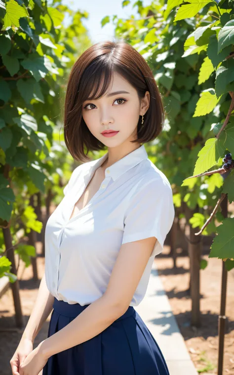 ((Best Quality, 8K, masutepiece: 1.3)), (Sharp Focus: 1.2), Charming vineyard with rows of grapevines stretching into the distance, 1 girl, full body, stunning elegant pose，Neat and clean beauty, 20 years old, japanese, looking away, Classy and elegant, A ...