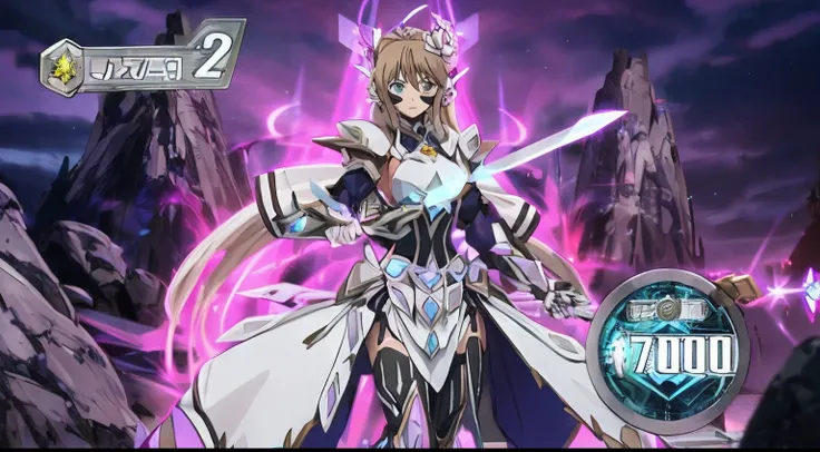 A woman in a white dress holding a sword and a purple light, Engranaje Aurora, knights of zodiac girl, con elegante armadura plateada, clothed in ethereal battle armor, Anime Cyborg, Chica Valquiria mecanizada, symphogear, tsubasa chronicles, female action...