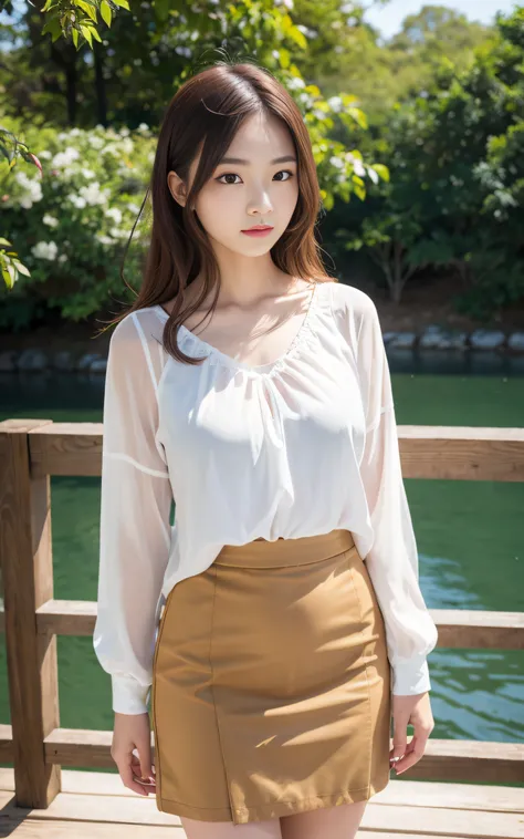 ((Best Quality, 8K, masutepiece: 1.3)), (Sharp Focus: 1.2), Tranquil riverside view of the wooden bridge, 1 girl, Full body, Neat and clean beauty, 20 years old, Japanese, Looking away, Classy and elegant, A pretty girl with perfect figure, Cute, Shy, ((Me...