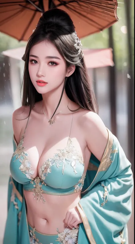 ((Best Quality, 8k, Masterpiece: 1.3)), Focus: 1.2, Perfect Body Beauty: 1.4, Buttocks: 1.2, ((Layered Haircut)), (Wet Clothes: 1.1), (Rain, Street:1.3), (Breasts: 1.2), (Hanfu: 1.2), Bare Shoulders, Bare Legs, Highly Detailed Face and Skin Texture, Fine E...