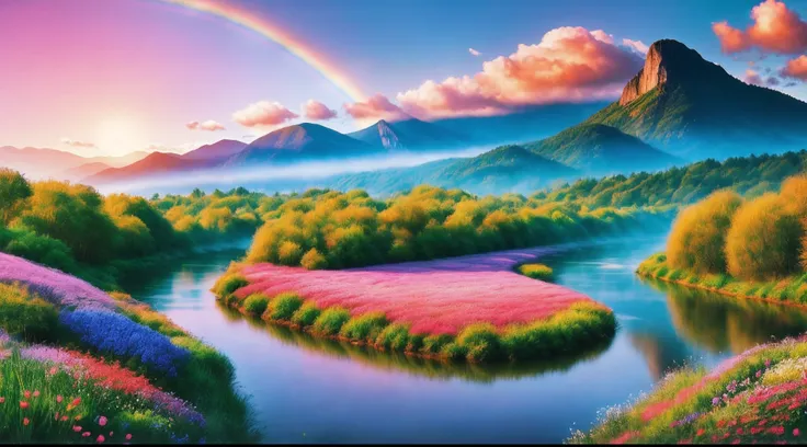 Gorgeous surrealistic landscape with a dreamy atmosphere, featuring a majestic tree in the center, surrounded by a beautiful river, misty mountains, and vibrant flowers. The scene is illuminated by a warm and soft light that wraps the trees and flowers in ...