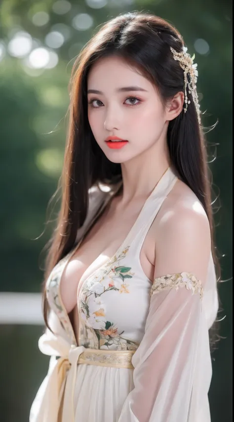 ((Best Quality, 8k, Masterpiece: 1.3)), Focus: 1.2, Perfect Body Beauty: 1.4, Buttocks: 1.2, ((Layered Haircut)), (Wet Clothes: 1.1), (Rain, Street:1.3), (Breasts: 1.2), (Hanfu: 1.2), Bare Shoulders, Bare Legs, Highly Detailed Face and Skin Texture, Fine E...