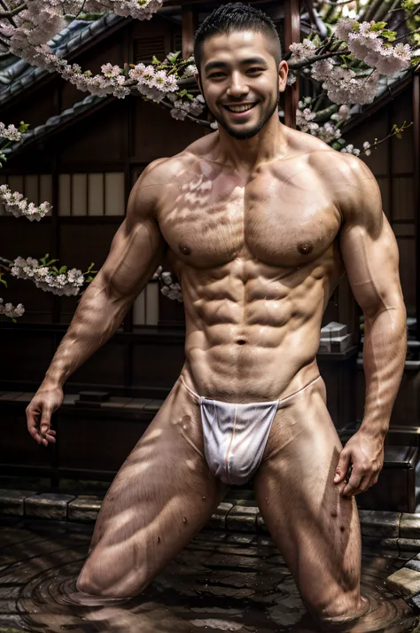 Realistic, Masterpiece, Intricate details, Detailed background, Depth of field, Handsome photo (Japan man), Interesting Ecchus, loincloth, Onsen, Beard, (30 years old), Dynamic pose, cherry blossom,, (Fake smile:0.6), buzz cut,Goatee，Fake smile，laughingly,...