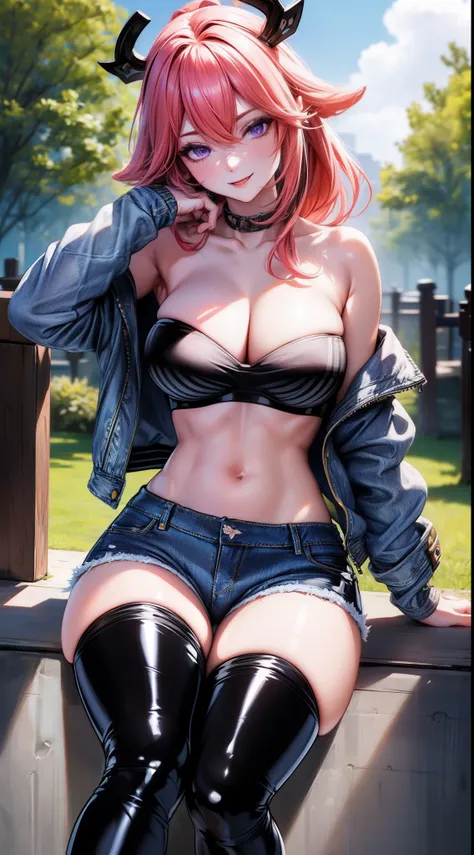 (Yaedef:1.4), 8k, highres, ultra detailed, (masterpiece:1.4), best quality, symmetrical body, (jeans jacket:1.4), (black latex bandeau bra:1.4), (jeans shorts:1.4), (cotton overknee socks:1.4), big breasts, full body shot, cute, pink hair, purple eyes, glo...