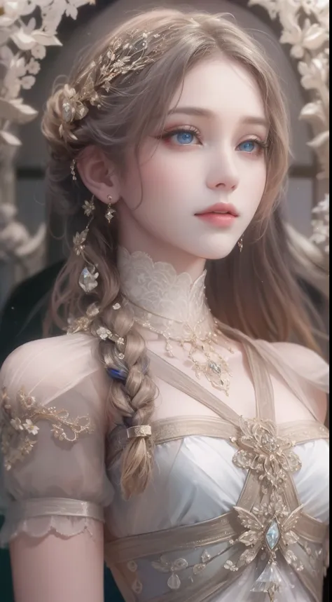 tmasterpiece，Highest high resolution，Bust of a beautiful noble maiden，Delicate braided hair，Coiled hair，Shining clear eyes，The hair is covered with beautiful and delicate floral craftsmanship, crystal、Diamond jewelry filigree，Ultra-detailed details，upscale...