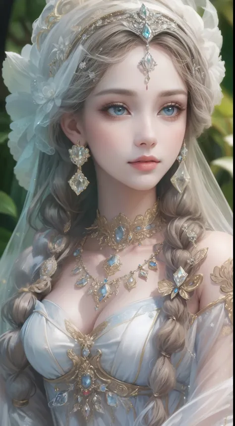 tmasterpiece，Highest high resolution，Bust of a beautiful noble maiden，Delicate braided hair，Coiled hair，Shining clear eyes，The hair is covered with beautiful and delicate floral jewelry craftsmanship, crystal、Diamond jewelry filigree，Ultra-detailed details...