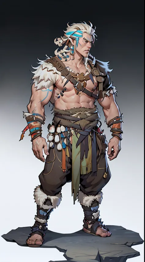 1boys，((独奏))，full bodyesbian，European and American cartoon design，Primitive tribal elements，Barbarians、Snow and ice elements，standing on your feet，white backgrounid，Magical fantasy design，character concept design，tmasterpiece，best qualtiy，Best resolution，h...