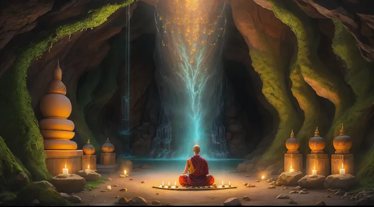 a person sitting in a cave with candles lit up, hindu stages of meditation, monk meditate, meditating, a mystical temple, praying meditating, buddhist monk meditating, glowing temple in the distance, floating in a powerful zen state, buddhism, meditation, ...