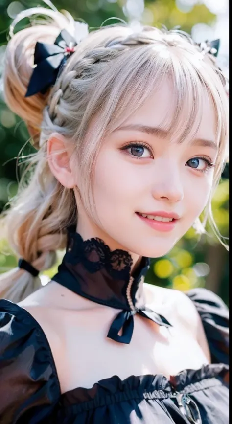 (ultra-detailliert), Frontal Face,head shot, Front view,Cute princess dresses in black color,(frilly dress),(shortsleeves),Blue eyes,The upper part of the body、a closeup、faces、(A smile:1.5),(facing front:1.2), 20yr old, teens girl,no tail,(no tail),2D, ​ma...