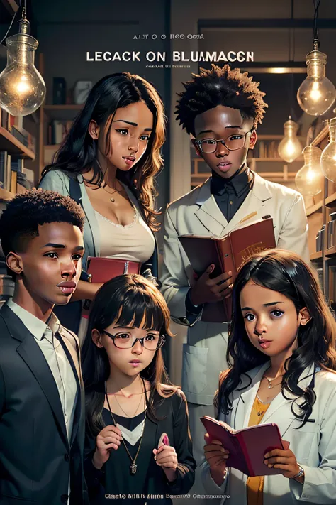 image of a cover of a book that talks about an Inspiring Journey of the Young Black Men, Scientists Lucas, Maria, Camila and João, friends passionate about science and chemistry.